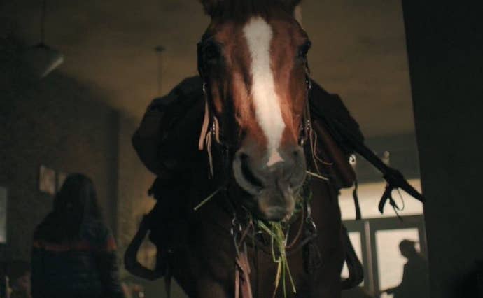 Ellie's horse Shimmer eats grass in TLOU season two