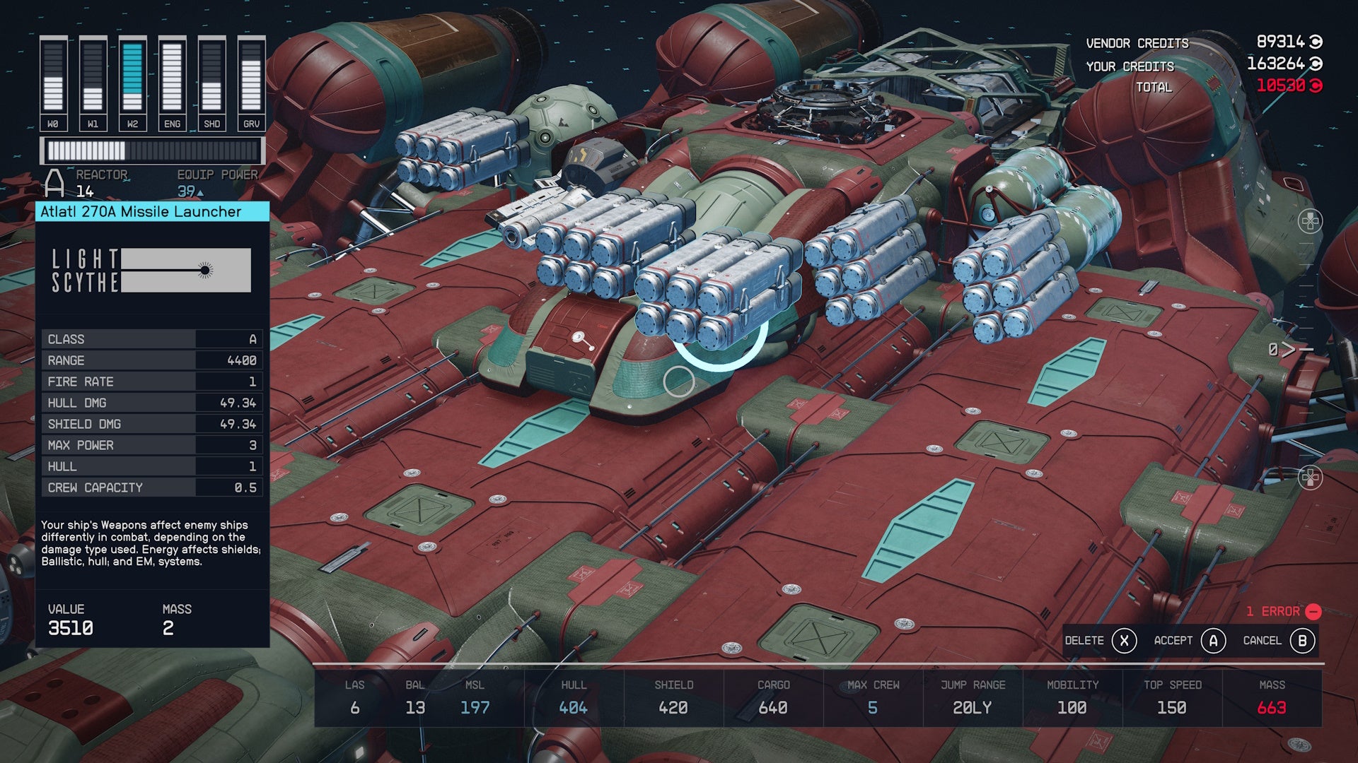 ship builder view of placing many missile ship weapons on a dull green and maroon ship