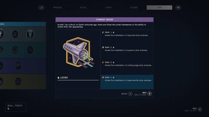 skill tree menu with the ship desinger skill and its rank perks showing