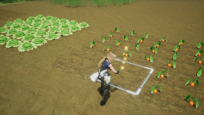 A player harvests Carrops in a field in Harvestella