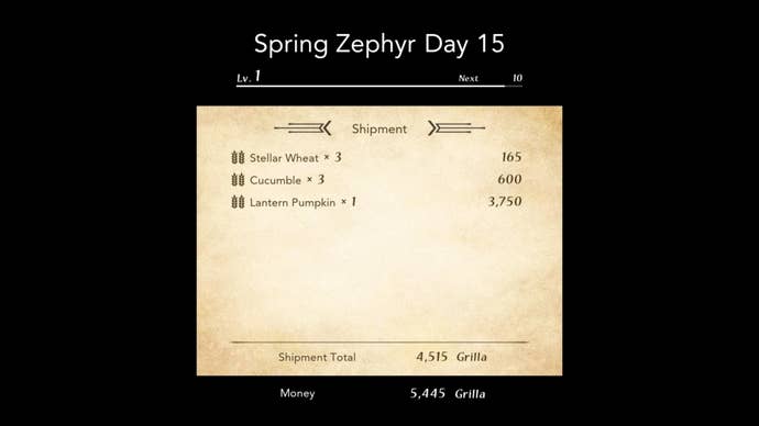 A player's daily shipment result is shown in Harvestella