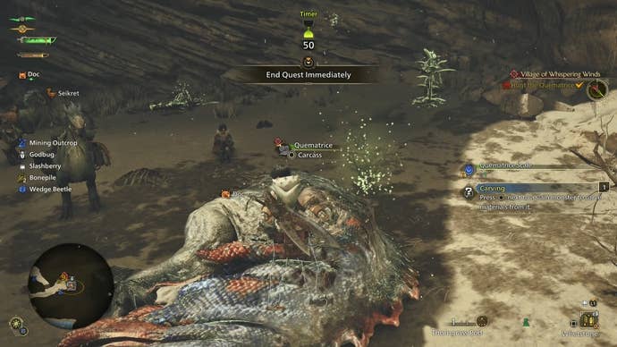 Carving a Quematrice in Monster Hunter Wilds.