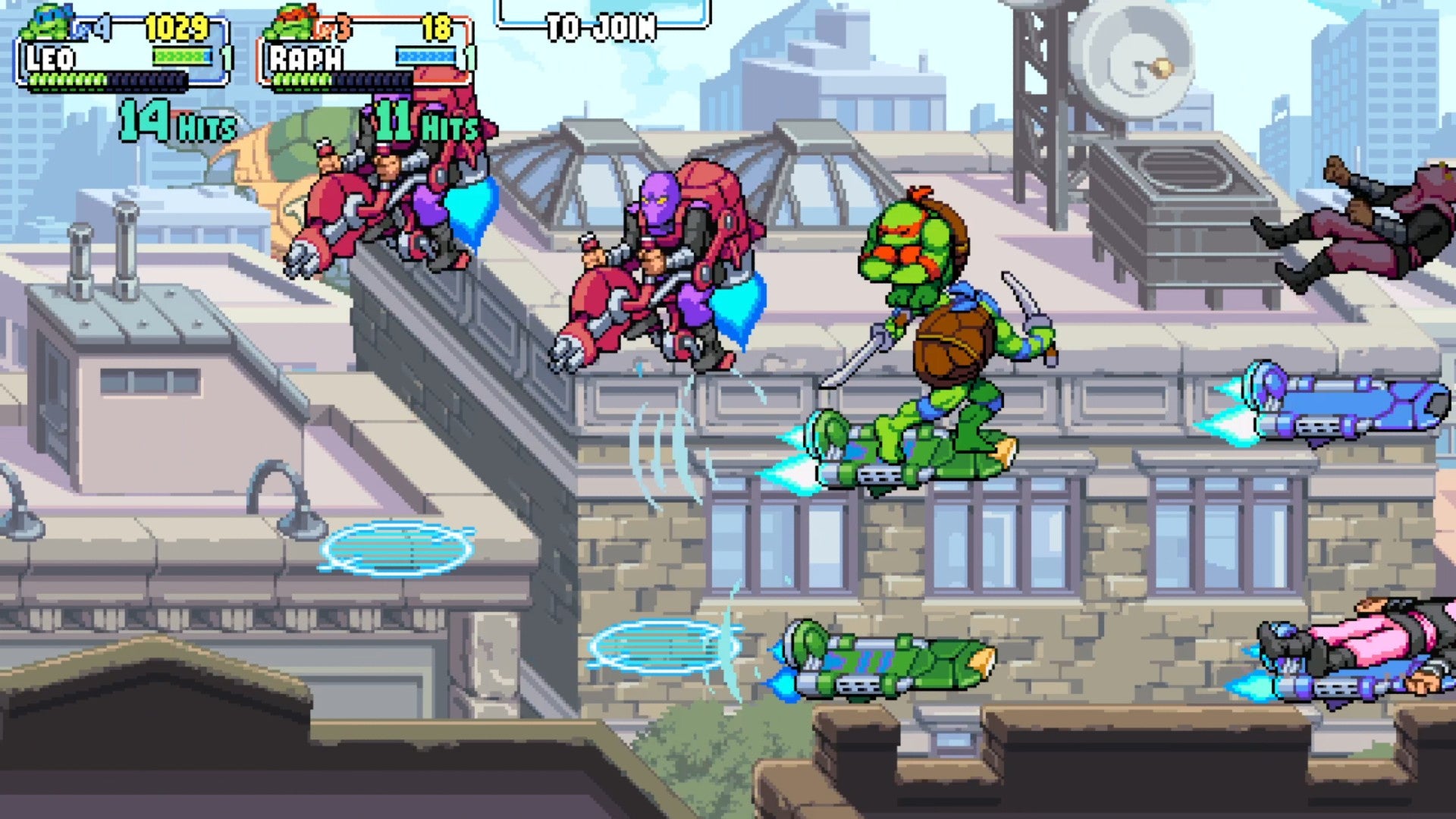 Raphael and Leonardo fight Foot Clan soldiers from their hoverboards with Manhattan apartments in the background in Teenage Mutant Ninja Turtles: Shredder&rsquo;s Revenge.