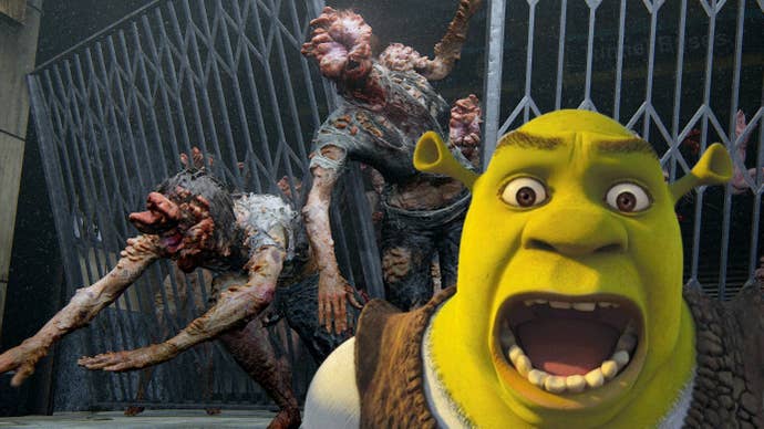 Shrek the green ogre looks shocked as The Last of Us Part 2’s infected break through a gated fence