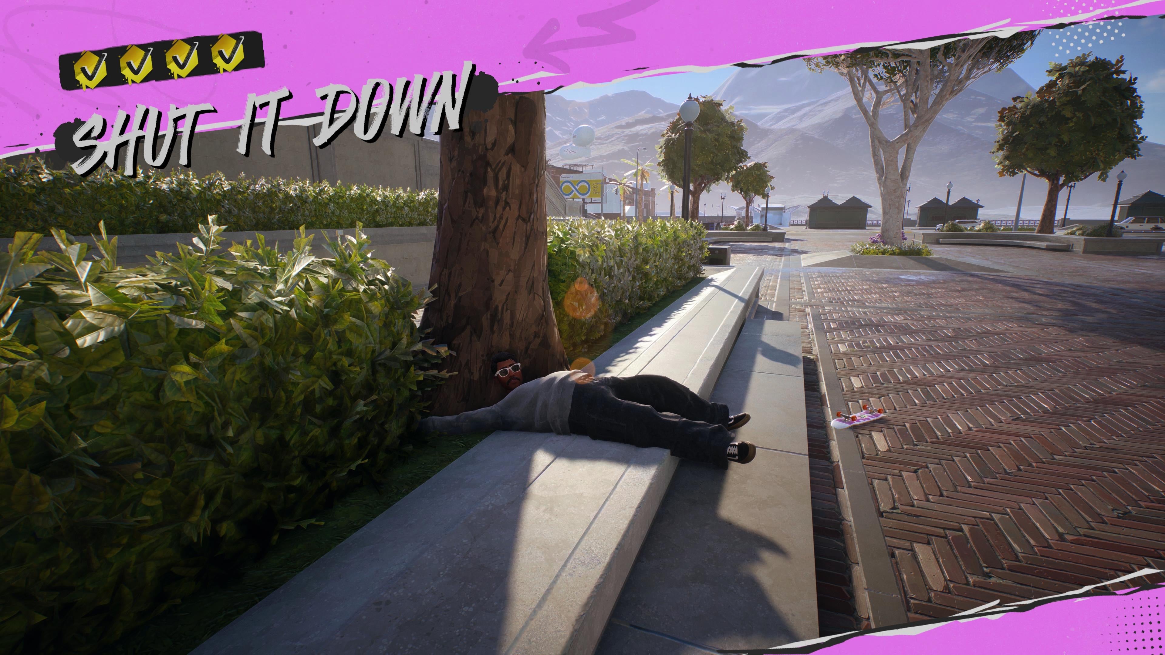 A skateboarder flopped over a concrete wall with their head in a bush from a mission ending screen in Skate.