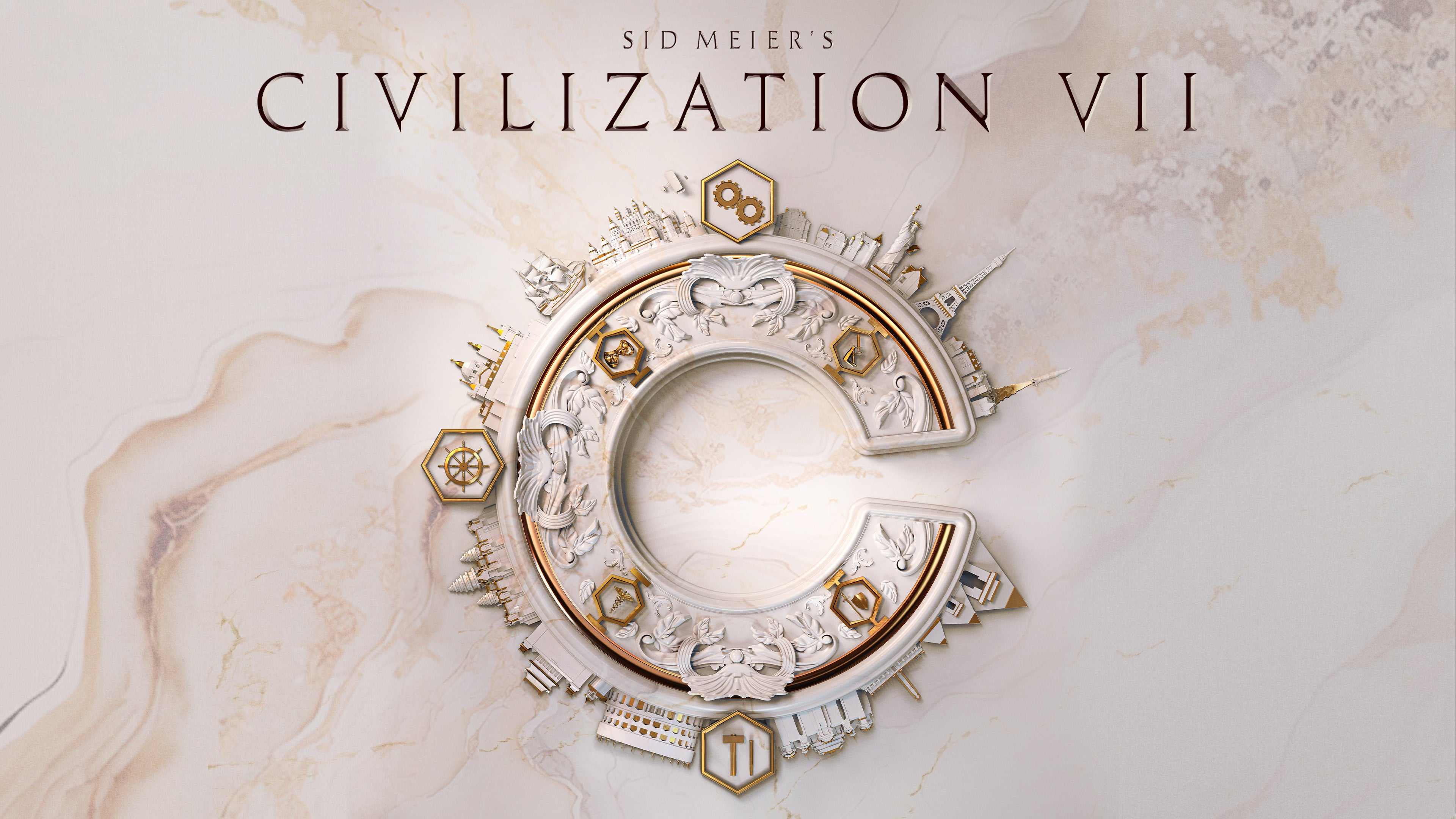 Civ 7 official key art showing a regal-looking C against a white marble background with headline reading Sid Meier&rsquo;s Civilization VII