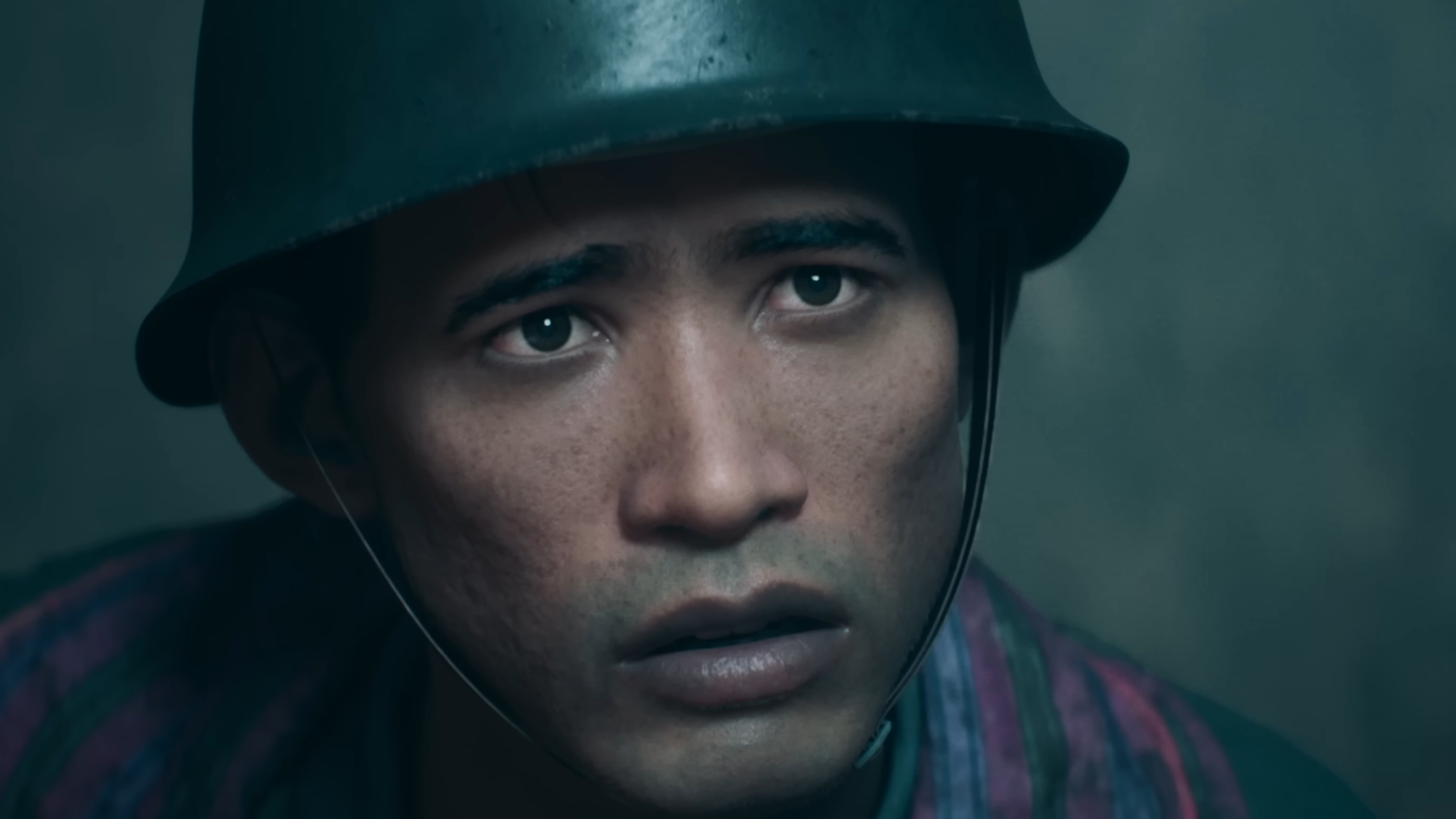 Extreme close up of WW1 soldier in a helmet from Civilisation 7 trailer