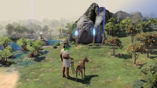 Civilization 7 trailer screenshot showing man next a dog in front of a mysterious cave