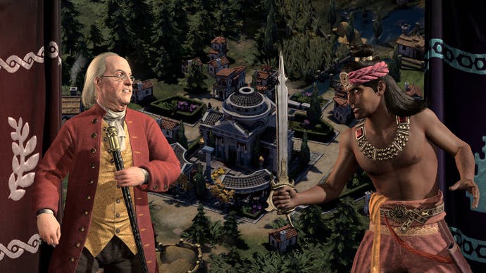 Civ 7 official screenshot showing Benjamin Franklin and Ashoka having a confrontational discussion