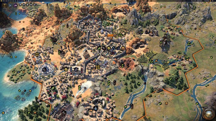Civ 7 official screenshot showing an Egyptian City near the cost amongst grass and trees