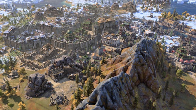 Civ 7 official screenshot showing a Mongolian City with walls by mountains and trundra