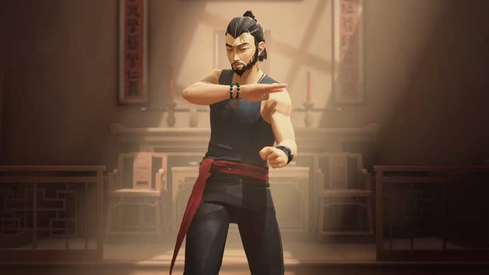 Sifu trailer screenshot showing close up of middle aged man in martial arts pose