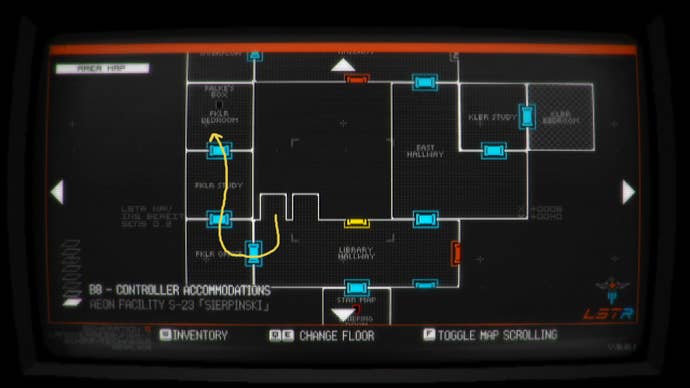 A map showing a route to Falke's Bedroom in Signalis