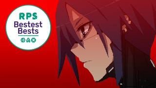 Elster from Signalis looks to the left in front of a blood-red backdrop. The screenshot has RPS' bestest best badge in the top left corner