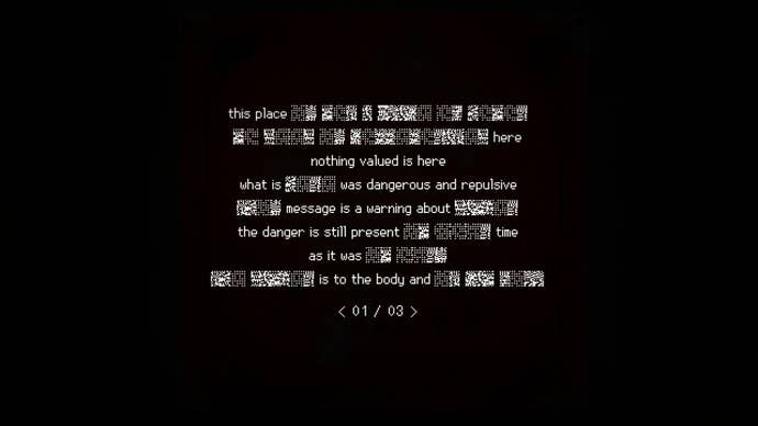 Signalis review - a black screen with white text, mostly redacted, hinting at things that are ‘dangerous and repulsive’ and ‘a message warning about… the danger is still present’
