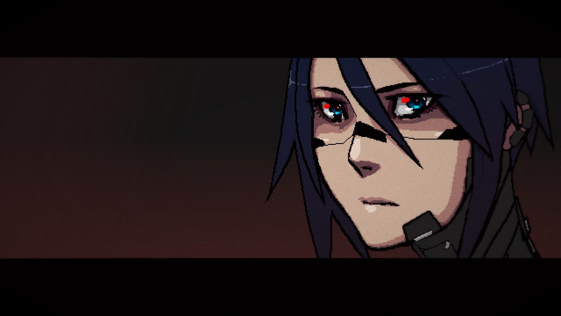 Signalis review - an anime-style closeup of Elster&rsquo;s face looking towards the camera, framed in the right-third of the widescreen view