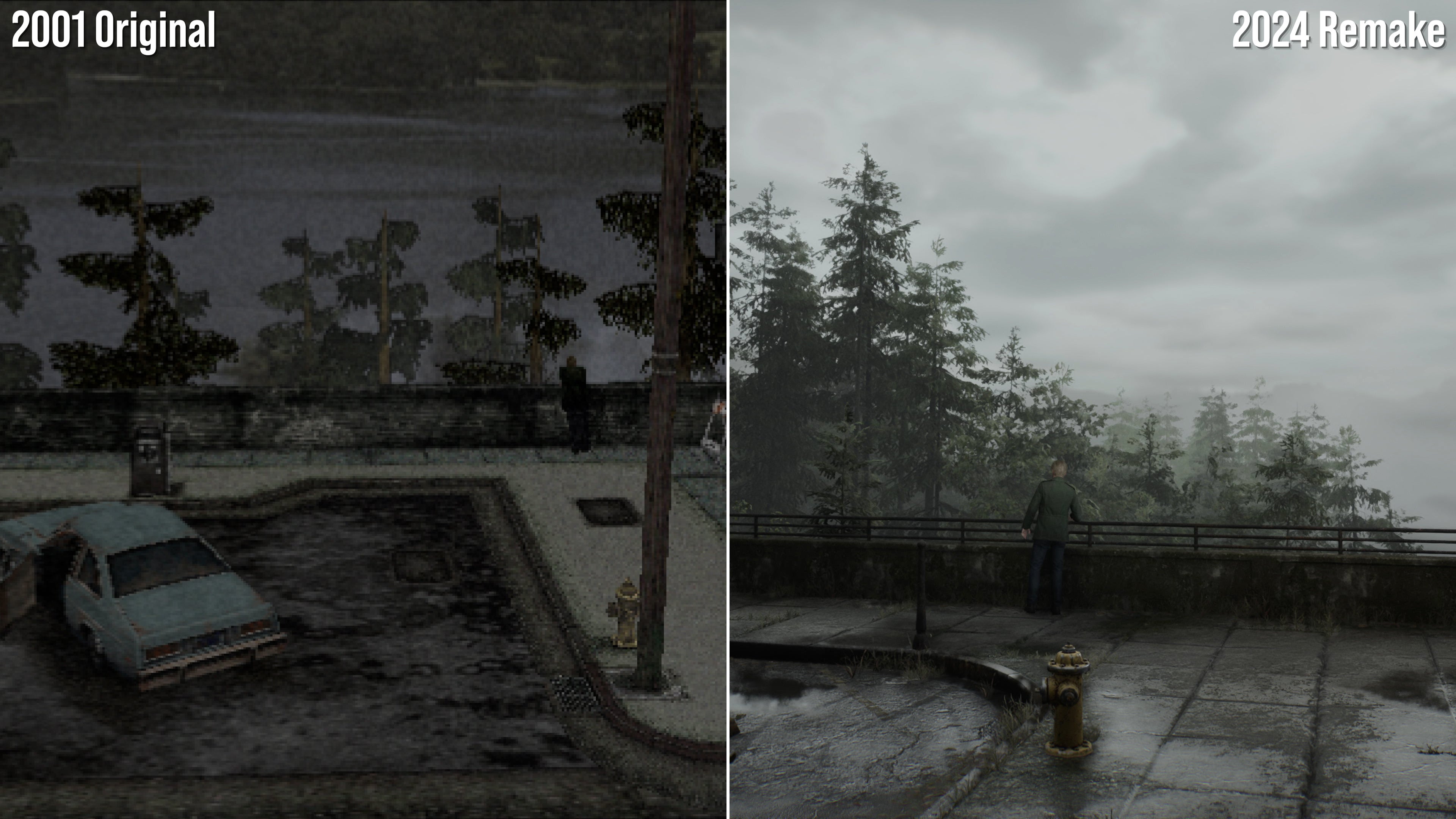 Comparison shots of the original PS2 version of Silent Hill 2 and the PS5 remake.