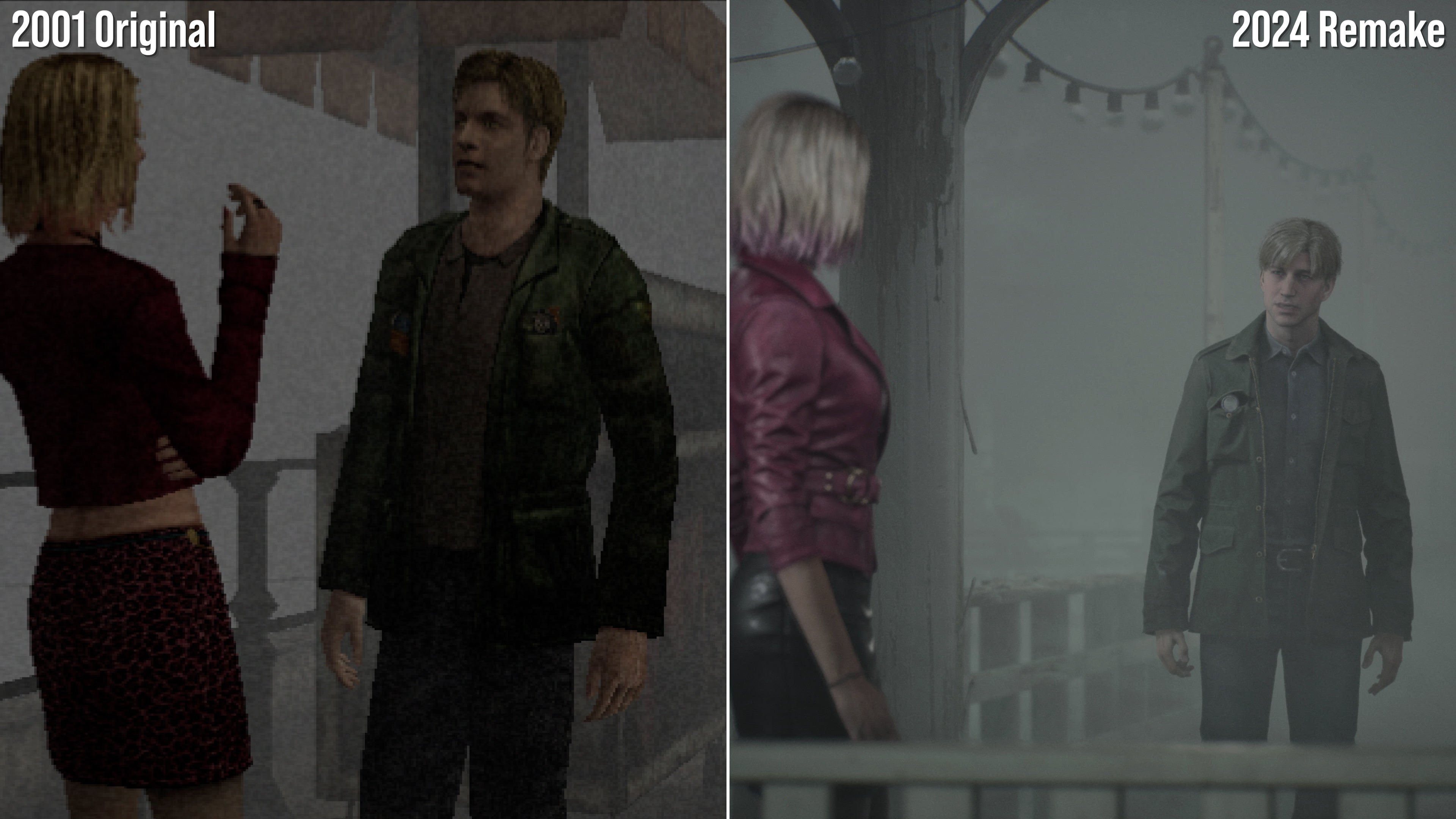 Comparison shots of the original PS2 version of Silent Hill 2 and the PS5 remake.