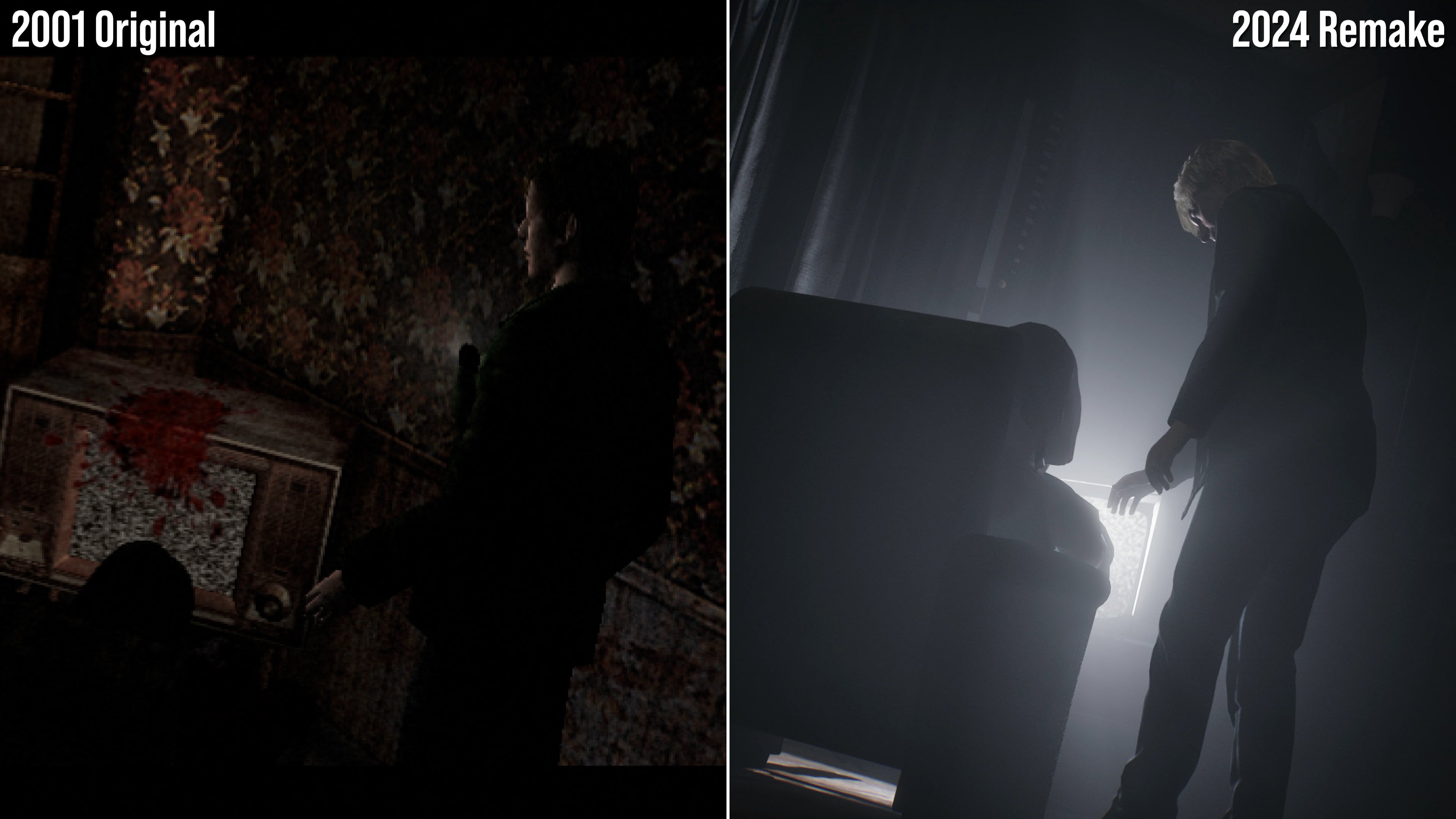 Comparison shots of the original PS2 version of Silent Hill 2 and the PS5 remake.