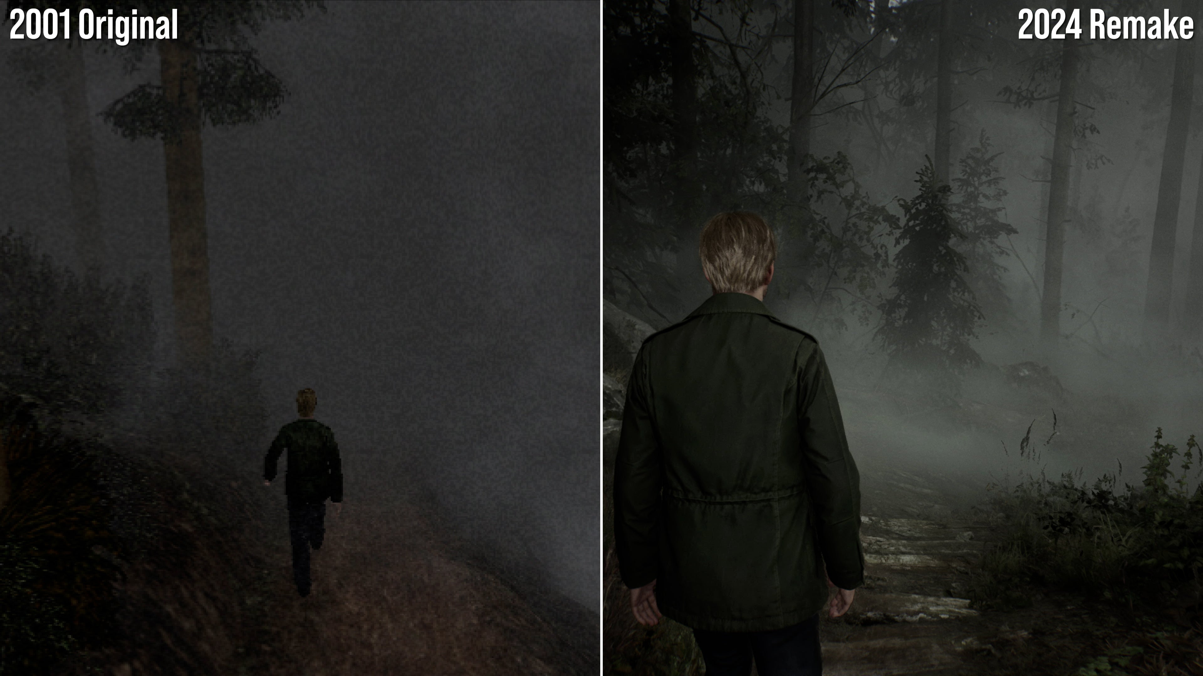 Comparison shots of the original PS2 version of Silent Hill 2 and the PS5 remake.