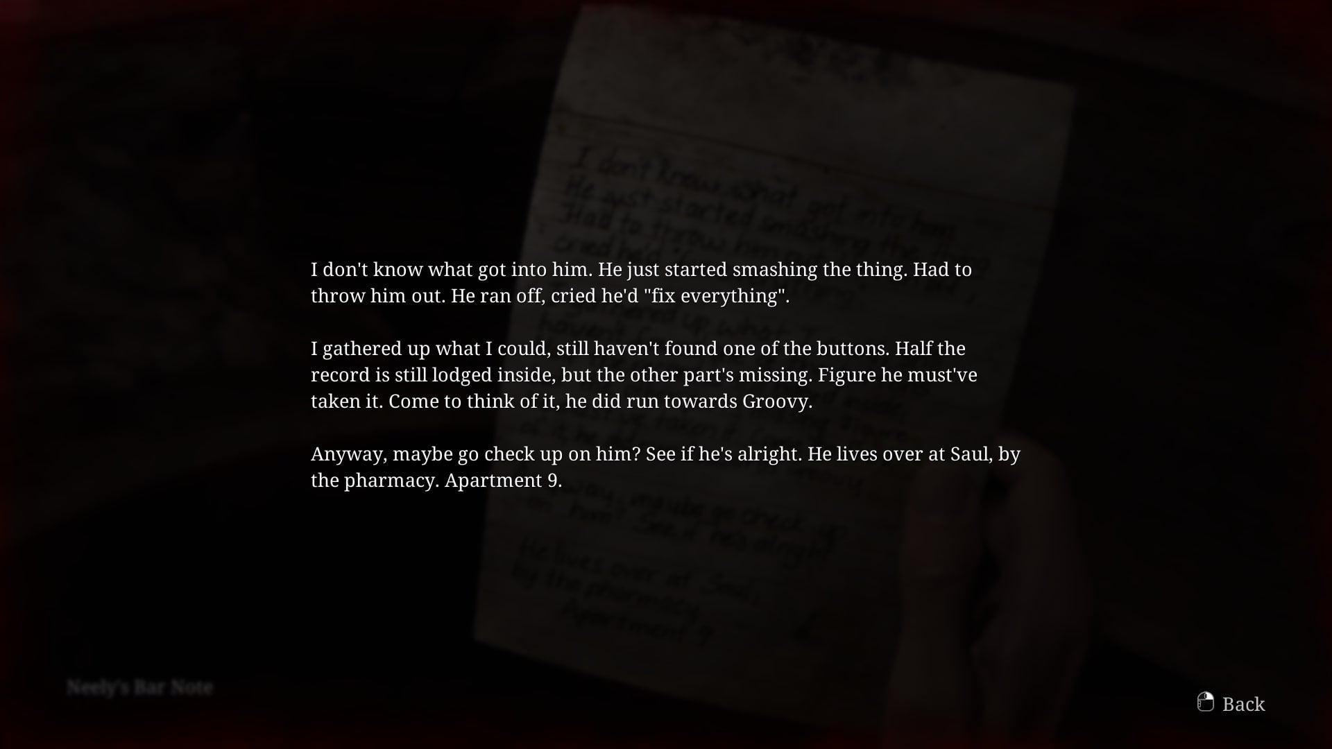 James reads a note found in Neely's Bar in the Silent Hill 2 remake - 3
