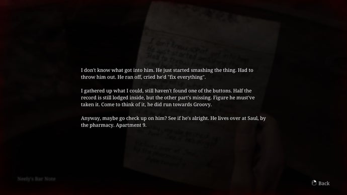 James reads a note found in Neely's Bar in the Silent Hill 2 remake