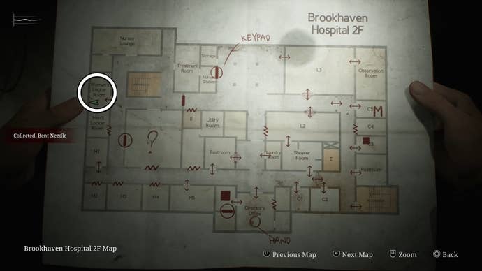 White circle showing the map location of the Bent Needle item in Silent Hill 2.