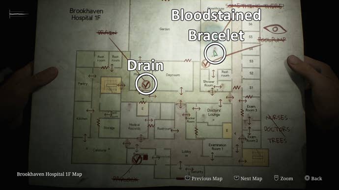 White circle showing the map location of the Bloodstained Bracelet item and Drain location in Silent Hill 2.