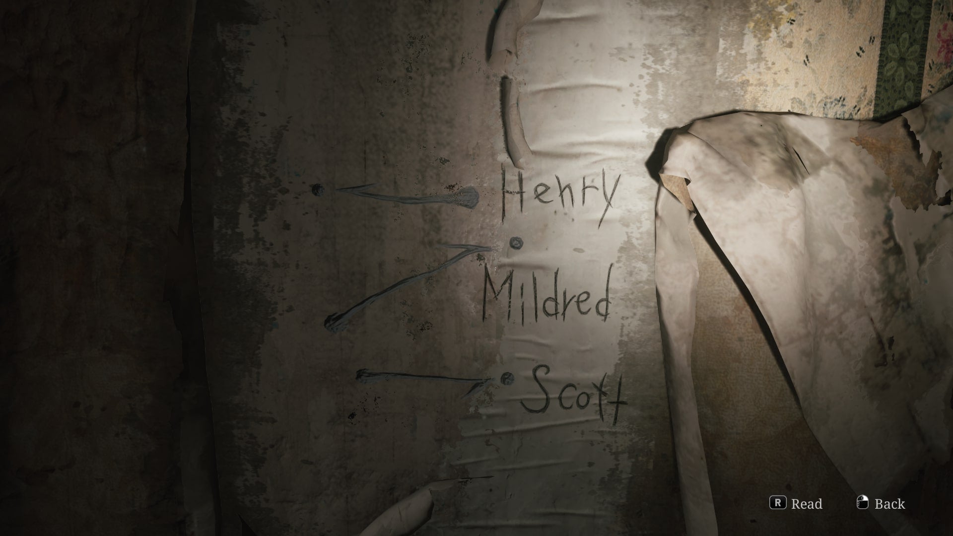 James looks at a note on the wall in Blue Creek Apartments, referring to the Grandfather Clock puzzle in the Silent Hill 2 Remake