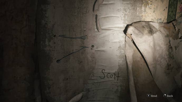 James looks at a note on the wall in Blue Creek Apartments, referring to the Grandfather Clock puzzle in the Silent Hill 2 Remake