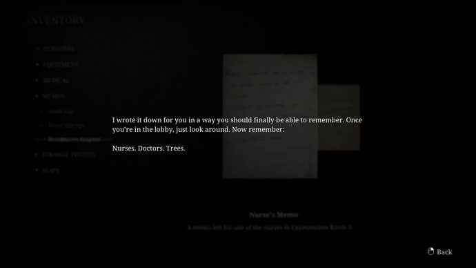 James reads a Nurse’s Memo found in Brookhaven Hospital in the Silent Hill 2 remake