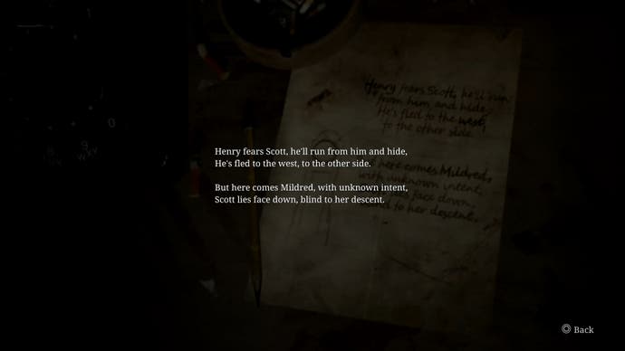 Note with a riddle for the clock puzzle at Blue Creek Apartments in Silent Hill 2.