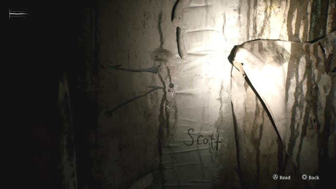 The “Scott” graffiti clue for the Blue Creek Apartments clock puzzle in Silent Hill 2.
