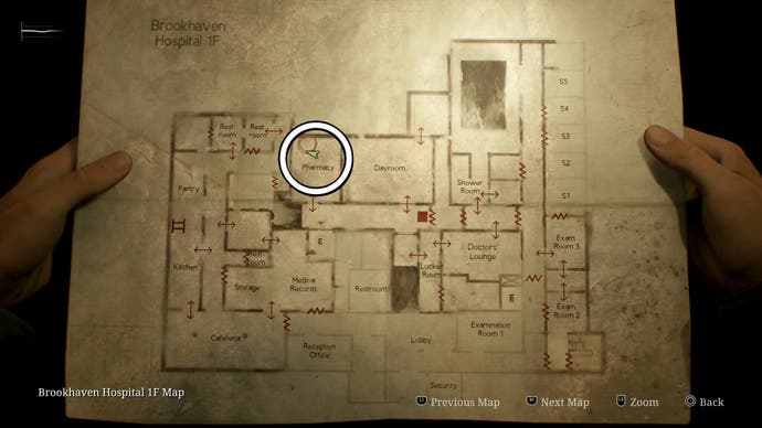 White circle indicating the location of the decorative box on the map of 1F Brookhaven Hospital in Silent Hill 2.