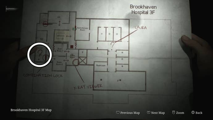 White circle showing the map location of the Filthy Bracelet item in Silent Hill 2.