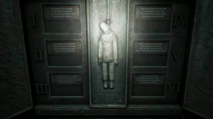 Close up of the Gallows puzzle verses with a hangman in the middle in Silent Hill 2.