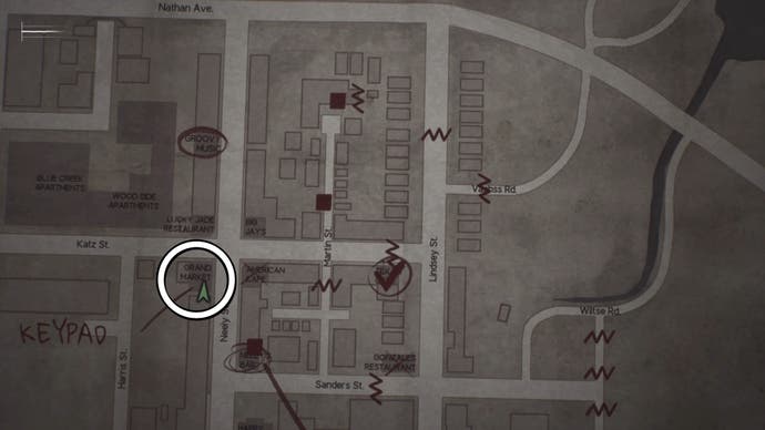 A white circle showing the Grand Market keypad location in Silent Hill 2.