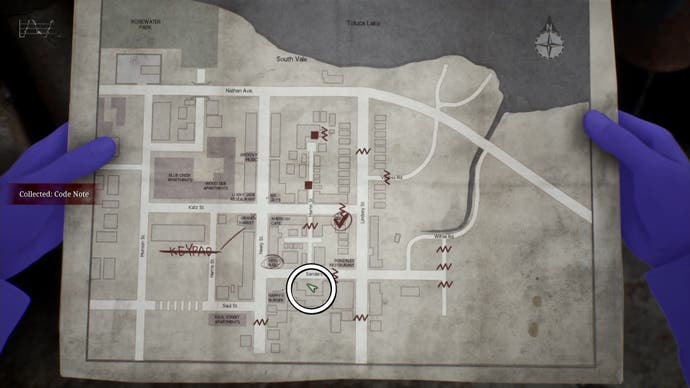 A white circle showing the location of the Code Note for the Grand Market keypad puzzle solution in Silent Hill 2.