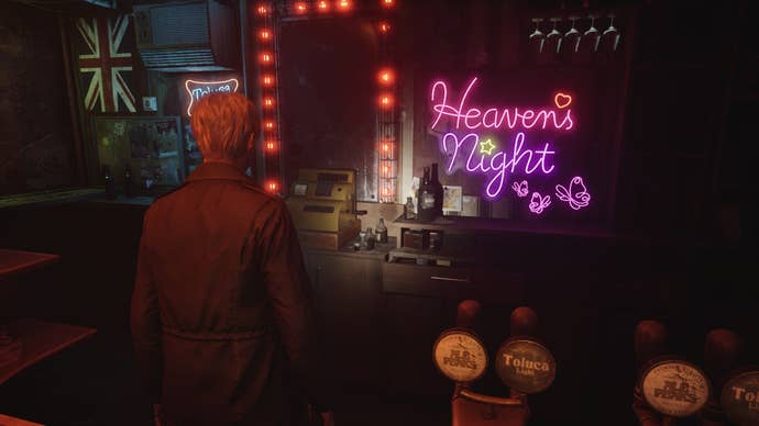 James looks at the Heaven's Night logo inside the bar in the Silent Hill 2 remake