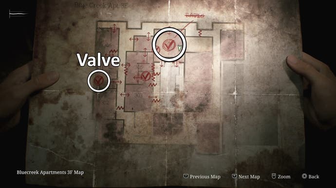 White circles indicating the location of the hour hand and valve elements in the Blue Creek Apartments in Silent Hill 2.