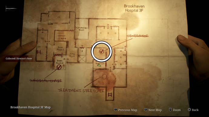 A white circle showing the map location of the Generator on 3F of Brookhaven Hospital in Silent Hill 2.