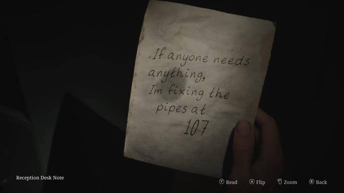 James reads the Reception Desk Note found in the reception office of the Silent Hill 2 remake’s motel, Jack’s Inn