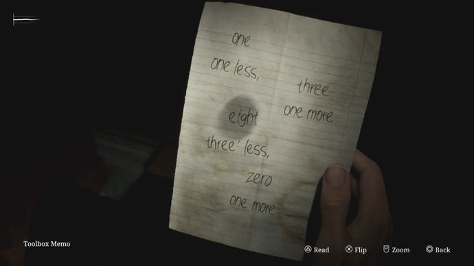 The toolbox menu showing the Jack's Inn security code puzzle in Silent Hill 2.