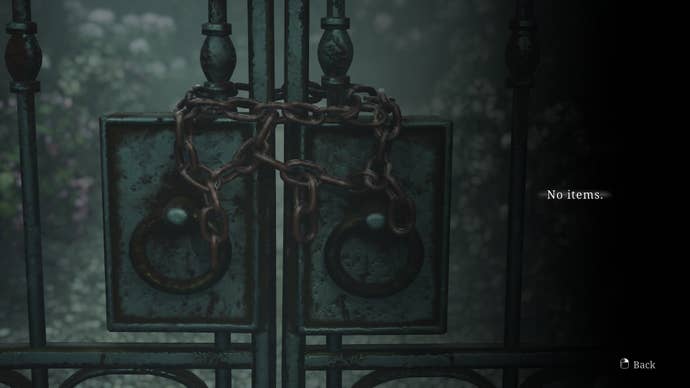 A chained gate in the Lake View Hotel Garden is shown in the Silent Hill 2 remake