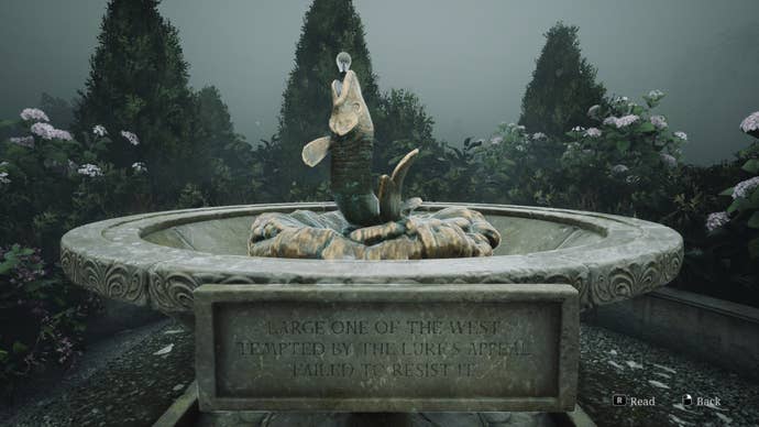 A fish statue with a light bulb in its mouth, in the Lake View Hotel Garden, is shown in the Silent Hill 2 remake