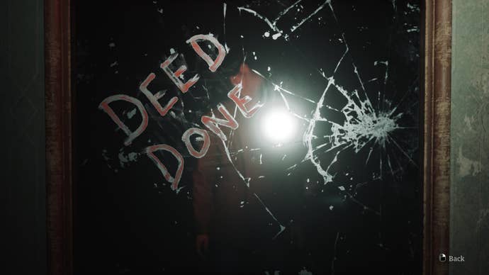 The words DEED DONE are shown on a Vanity Mirror in Lake View Hotel in the Silent Hill 2 remake