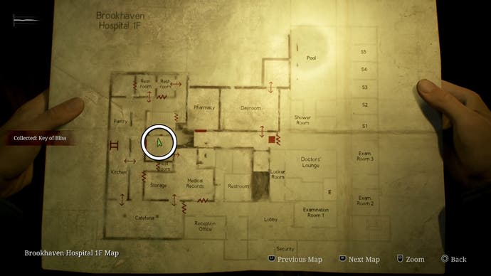Белый круг, показывающий местоположение Ключа Блаженства на карте в Silent Hill 2.