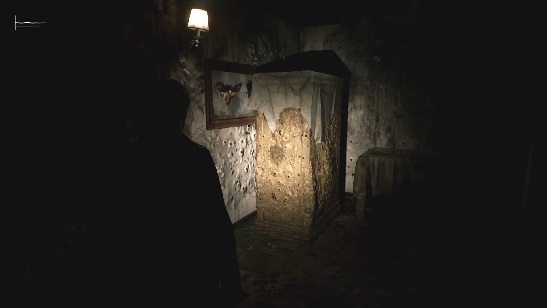 James looking at a moth display case with a dresser blocking the right of it in Silent Hill 2.
