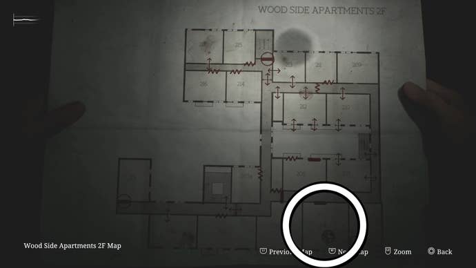 White circle showing the Man Coin location on the map in Silent Hill 2.