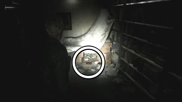 A white circle showing the Marked Bracelet on the ground of Medical Records in Silent Hill 2.